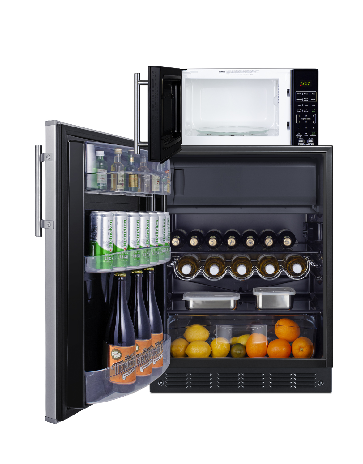 Counter height refrigerator-freezer with stainless steel door and compact microwave in black with allocator and USB ports for 1-plug operation; ships in three boxes on one pallet